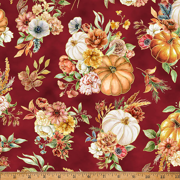 Harvest Bouquet - Pumpkin Floral Bouquet Maroon - Licence To Quilt